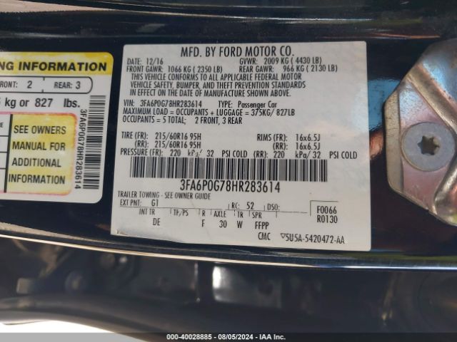 Photo 8 VIN: 3FA6P0G78HR283614 - FORD FUSION 