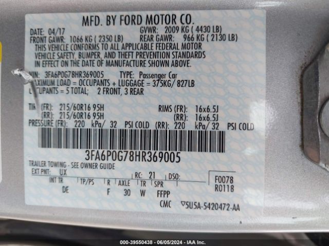 Photo 8 VIN: 3FA6P0G78HR369005 - FORD FUSION 