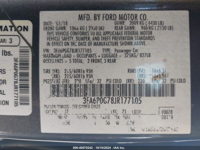 Photo 8 VIN: 3FA6P0G78JR177105 - FORD FUSION 