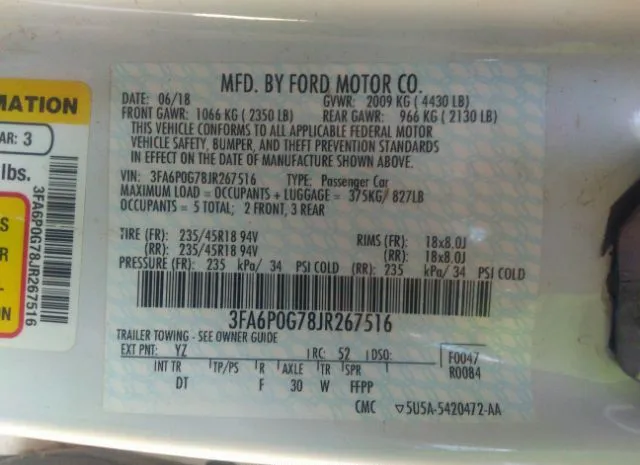 Photo 8 VIN: 3FA6P0G78JR267516 - FORD FUSION 