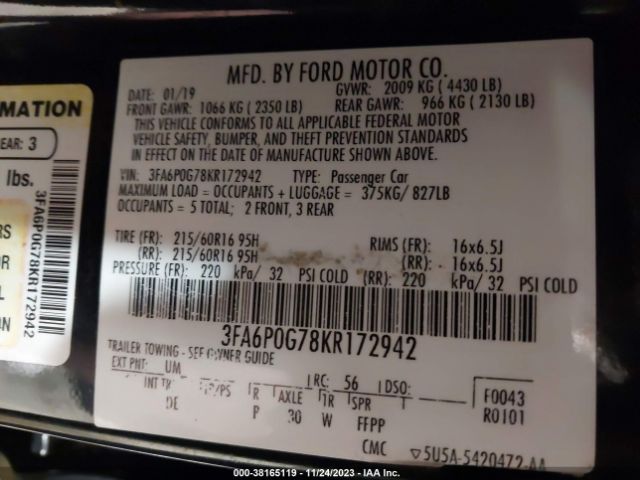 Photo 8 VIN: 3FA6P0G78KR172942 - FORD FUSION 