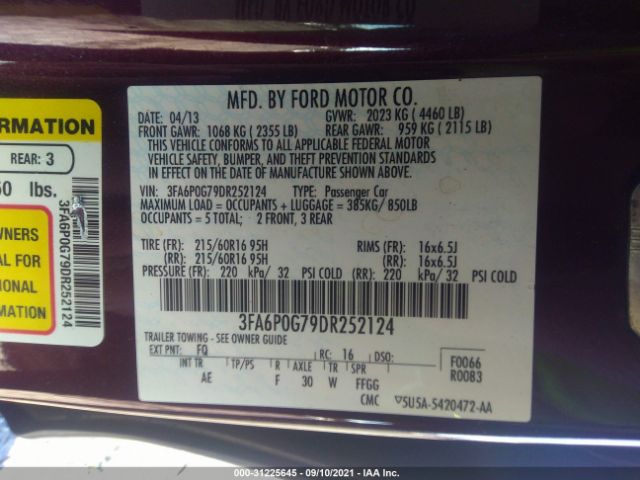 Photo 8 VIN: 3FA6P0G79DR252124 - FORD FUSION 