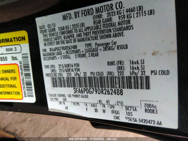 Photo 8 VIN: 3FA6P0G79DR262488 - FORD FUSION 