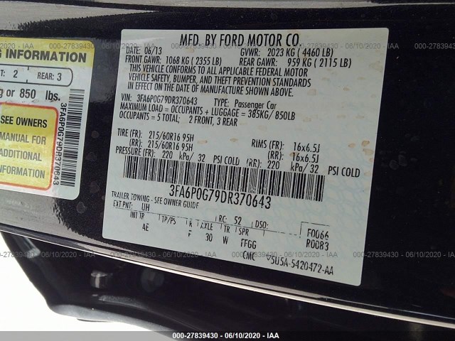 Photo 8 VIN: 3FA6P0G79DR370643 - FORD FUSION 