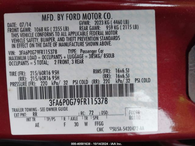 Photo 8 VIN: 3FA6P0G79FR115378 - FORD FUSION 