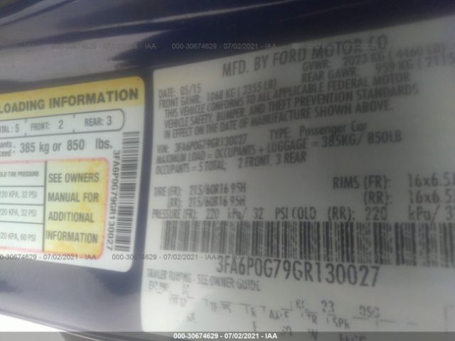 Photo 8 VIN: 3FA6P0G79GR130027 - FORD FUSION 