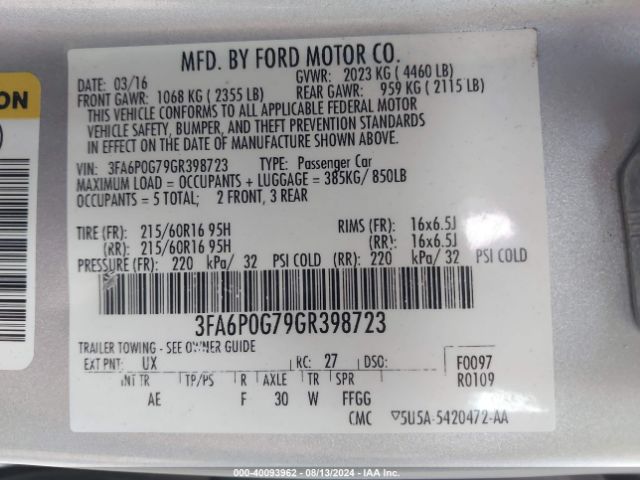 Photo 8 VIN: 3FA6P0G79GR398723 - FORD FUSION 