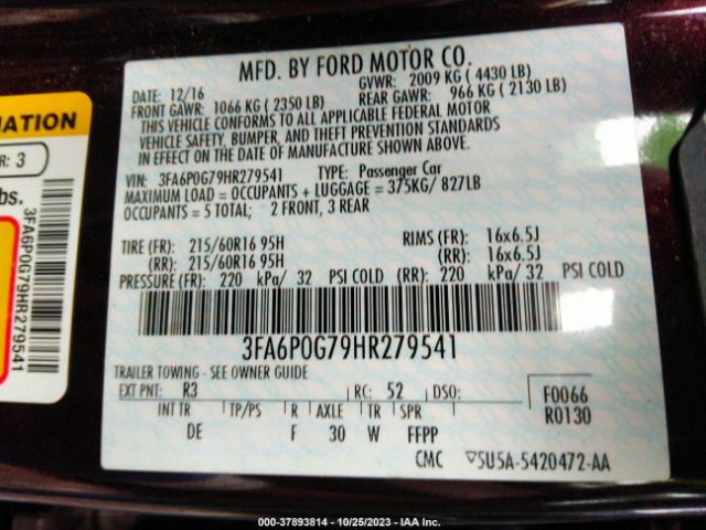 Photo 8 VIN: 3FA6P0G79HR279541 - FORD FUSION 