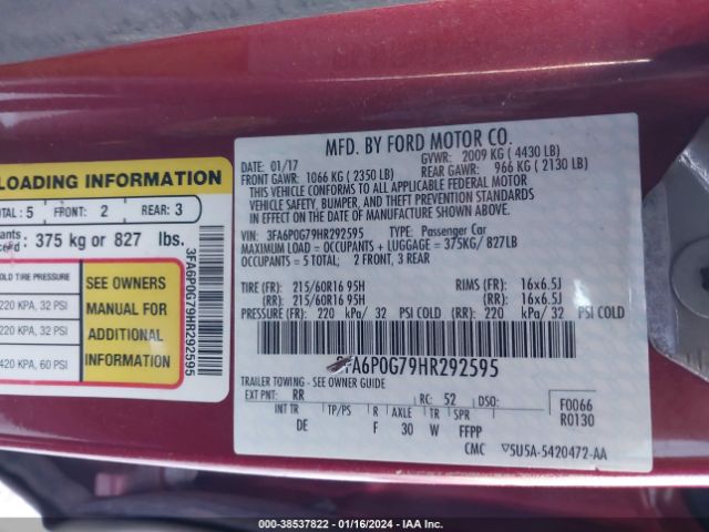 Photo 8 VIN: 3FA6P0G79HR292595 - FORD FUSION 