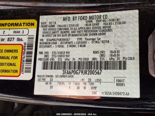 Photo 8 VIN: 3FA6P0G79JR200567 - FORD FUSION 