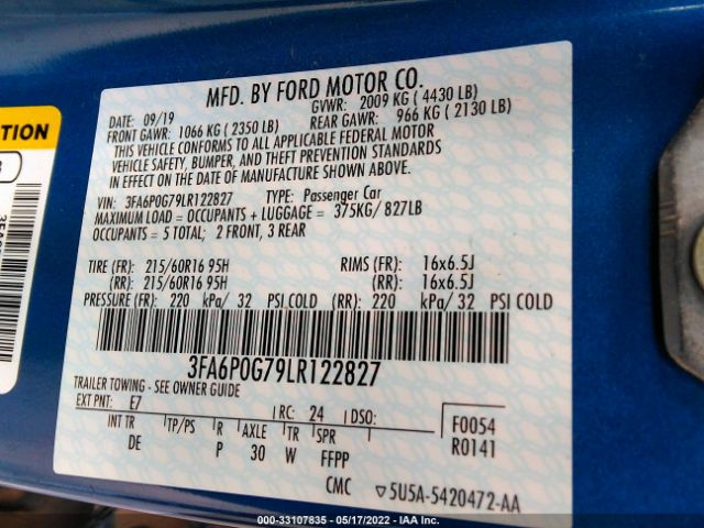 Photo 8 VIN: 3FA6P0G79LR122827 - FORD FUSION 