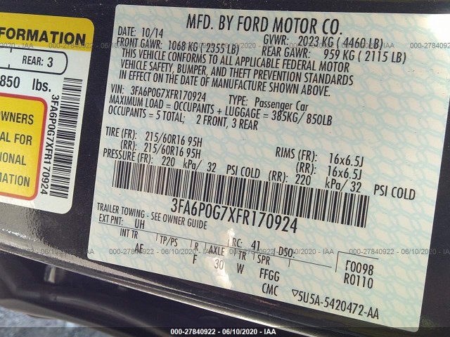 Photo 8 VIN: 3FA6P0G7XFR170924 - FORD FUSION 