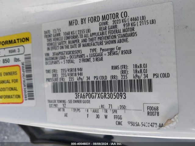 Photo 8 VIN: 3FA6P0G7XGR305093 - FORD FUSION 