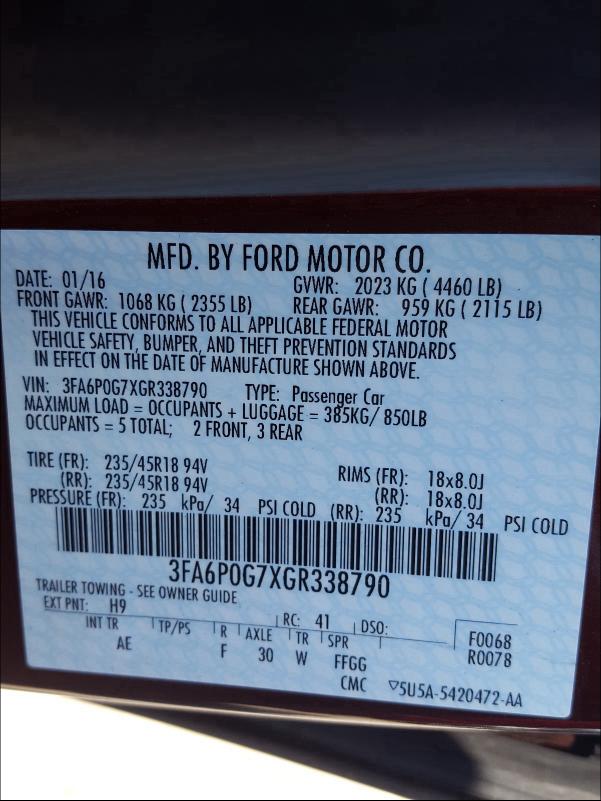 Photo 9 VIN: 3FA6P0G7XGR338790 - FORD FUSION S 