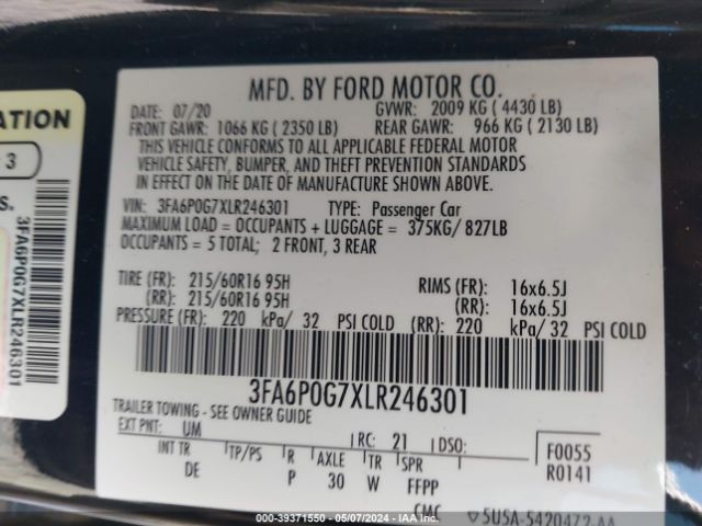 Photo 8 VIN: 3FA6P0G7XLR246301 - FORD FUSION 