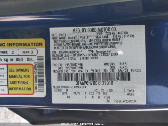 Photo 8 VIN: 3FA6P0H70DR129018 - FORD FUSION 