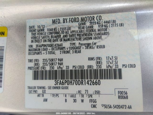 Photo 8 VIN: 3FA6P0H70DR142660 - FORD FUSION 