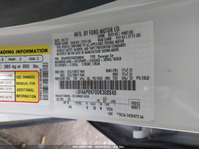 Photo 8 VIN: 3FA6P0H70DR308840 - FORD FUSION 