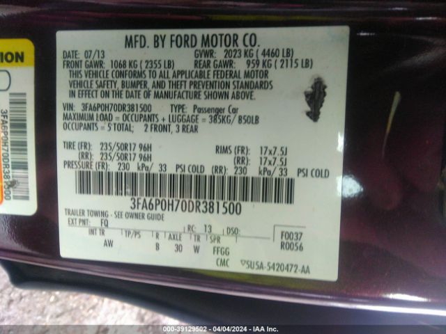 Photo 8 VIN: 3FA6P0H70DR381500 - FORD FUSION 