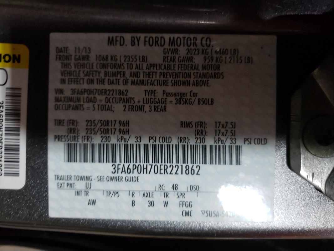 Photo 9 VIN: 3FA6P0H70ER221862 - FORD FUSION SE 