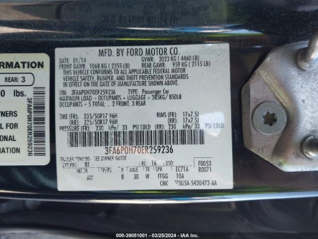 Photo 8 VIN: 3FA6P0H70ER259236 - FORD FUSION 