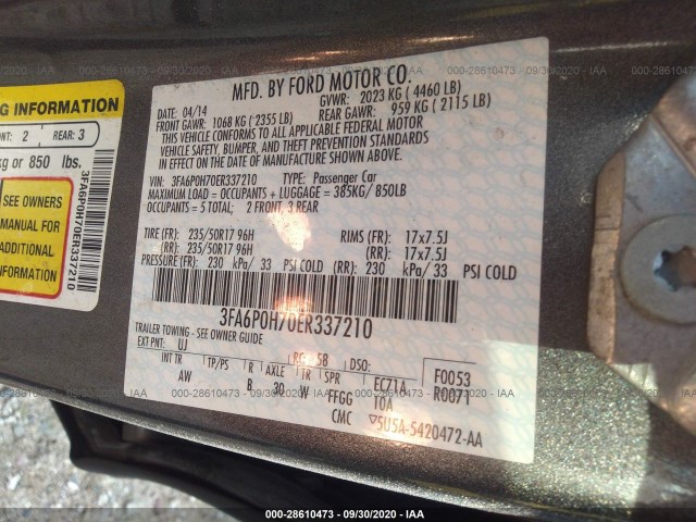 Photo 8 VIN: 3FA6P0H70ER337210 - FORD FUSION 