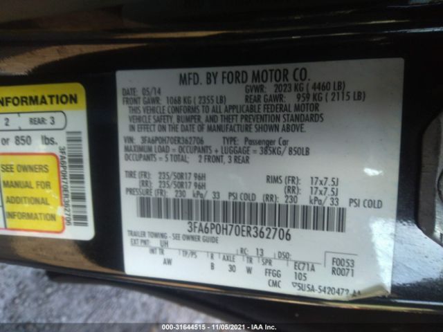 Photo 8 VIN: 3FA6P0H70ER362706 - FORD FUSION 