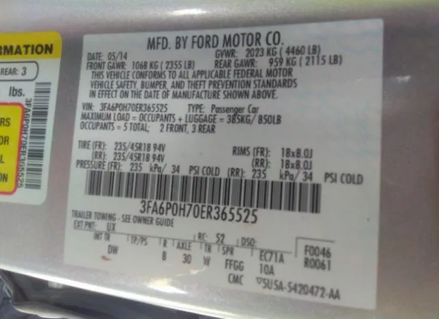 Photo 8 VIN: 3FA6P0H70ER365525 - FORD FUSION 