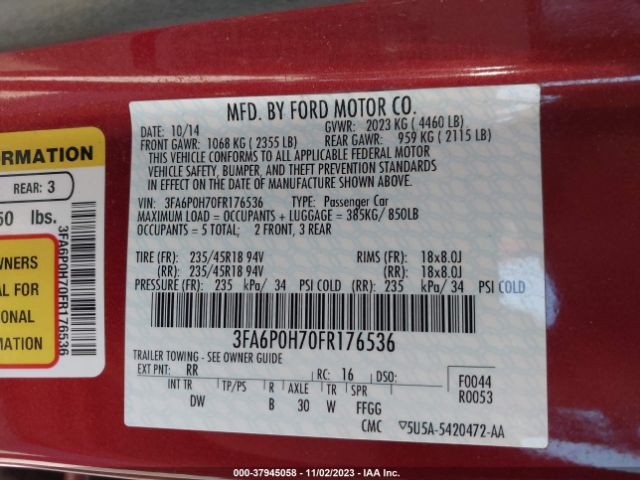 Photo 8 VIN: 3FA6P0H70FR176536 - FORD FUSION 