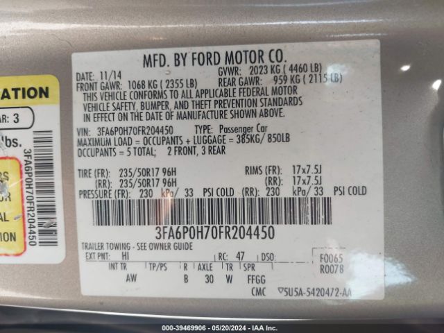 Photo 8 VIN: 3FA6P0H70FR204450 - FORD FUSION 