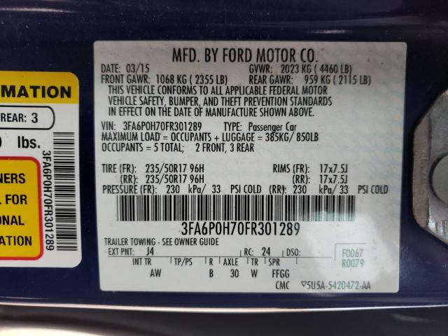 Photo 9 VIN: 3FA6P0H70FR301289 - FORD FUSION SE 