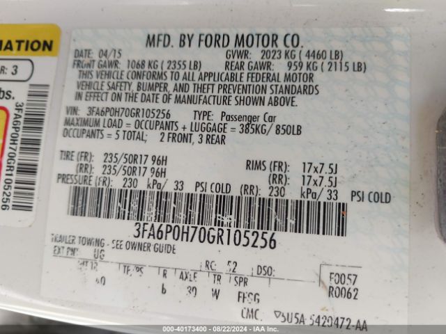 Photo 8 VIN: 3FA6P0H70GR105256 - FORD FUSION 