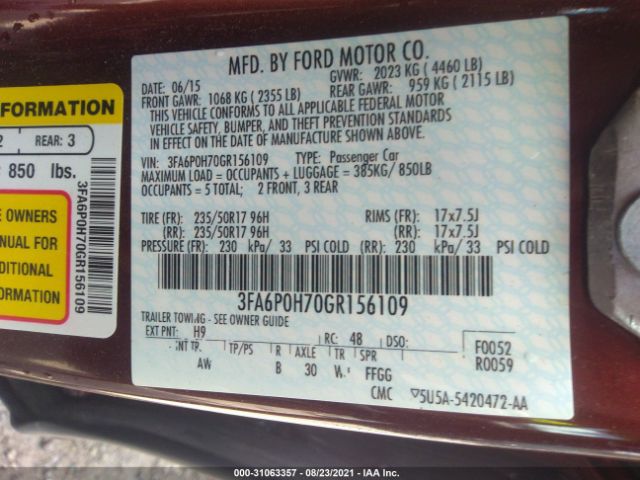 Photo 8 VIN: 3FA6P0H70GR156109 - FORD FUSION 