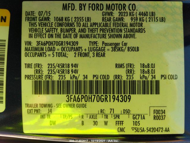 Photo 8 VIN: 3FA6P0H70GR194309 - FORD FUSION 