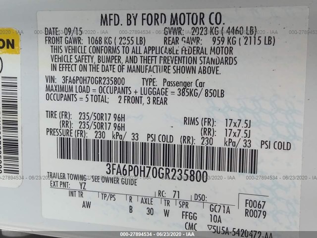 Photo 8 VIN: 3FA6P0H70GR235800 - FORD FUSION 