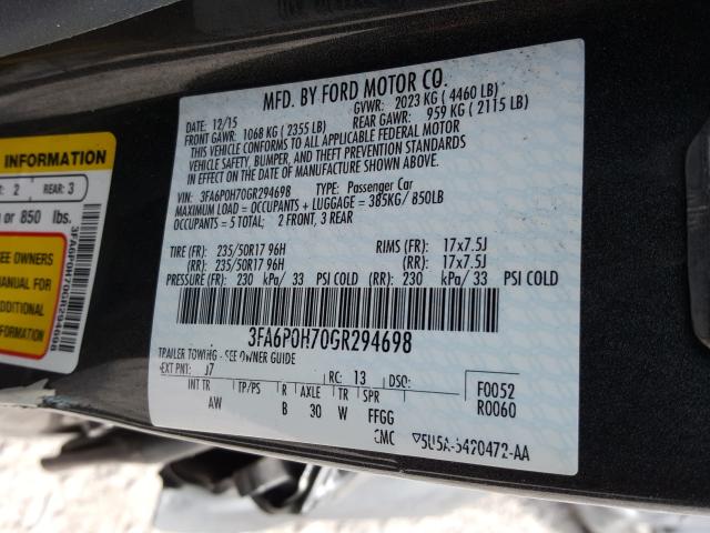 Photo 9 VIN: 3FA6P0H70GR294698 - FORD FUSION 