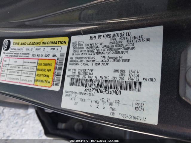 Photo 8 VIN: 3FA6P0H70GR350400 - FORD FUSION 