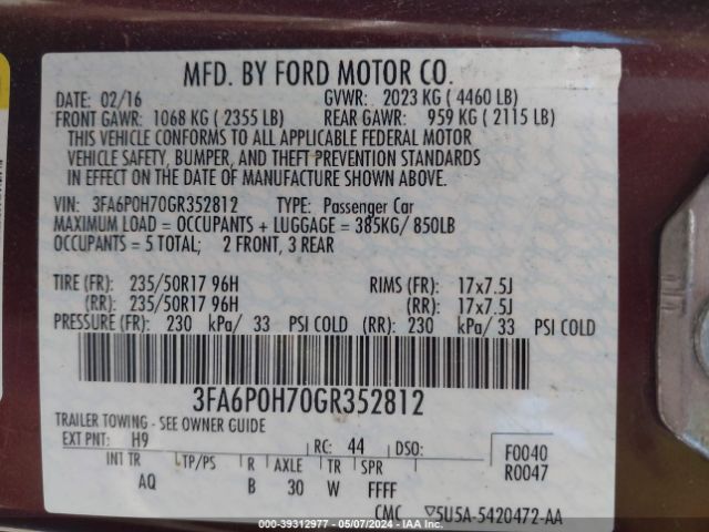 Photo 8 VIN: 3FA6P0H70GR352812 - FORD FUSION 