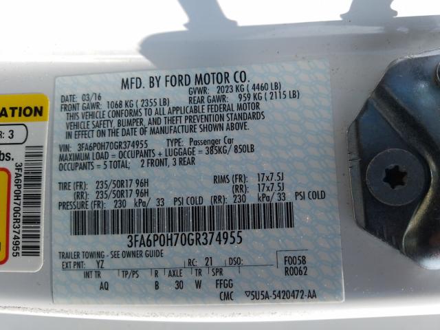 Photo 9 VIN: 3FA6P0H70GR374955 - FORD FUSION SE 