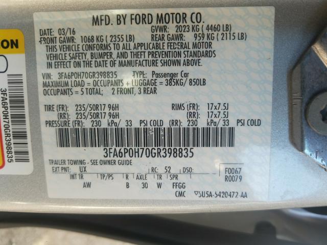 Photo 9 VIN: 3FA6P0H70GR398835 - FORD FUSION SE 