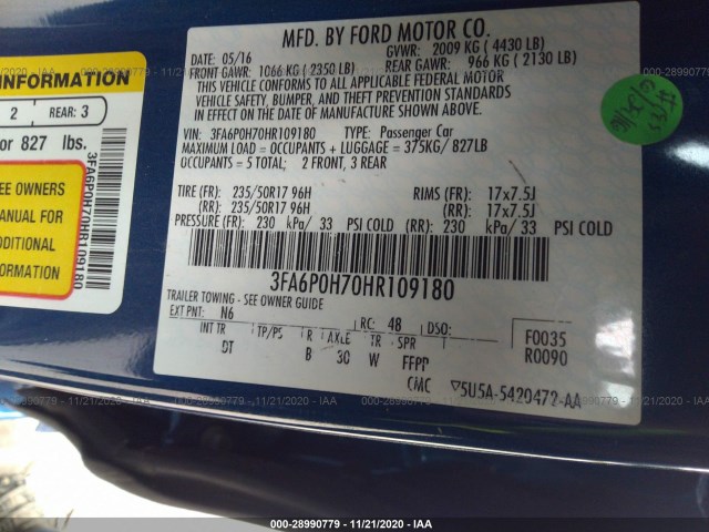 Photo 8 VIN: 3FA6P0H70HR109180 - FORD FUSION 