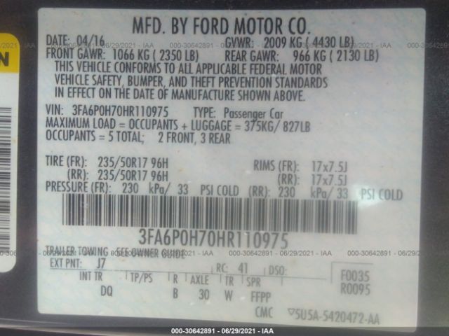 Photo 8 VIN: 3FA6P0H70HR110975 - FORD FUSION 