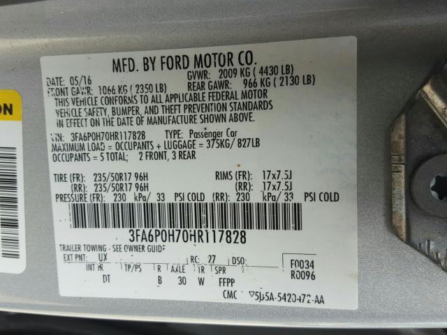 Photo 9 VIN: 3FA6P0H70HR117828 - FORD FUSION SE 