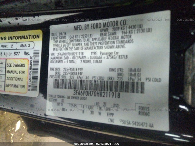 Photo 8 VIN: 3FA6P0H70HR211918 - FORD FUSION 