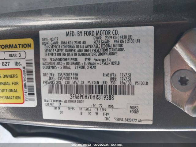 Photo 8 VIN: 3FA6P0H70HR319388 - FORD FUSION 