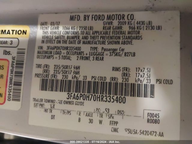 Photo 8 VIN: 3FA6P0H70HR335400 - FORD FUSION 