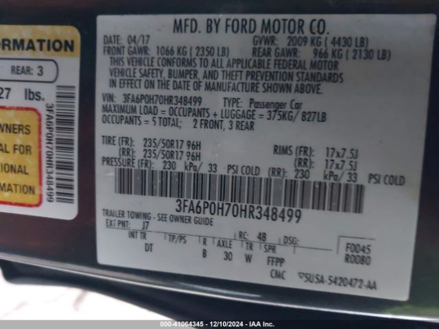 Photo 8 VIN: 3FA6P0H70HR348499 - FORD FUSION 