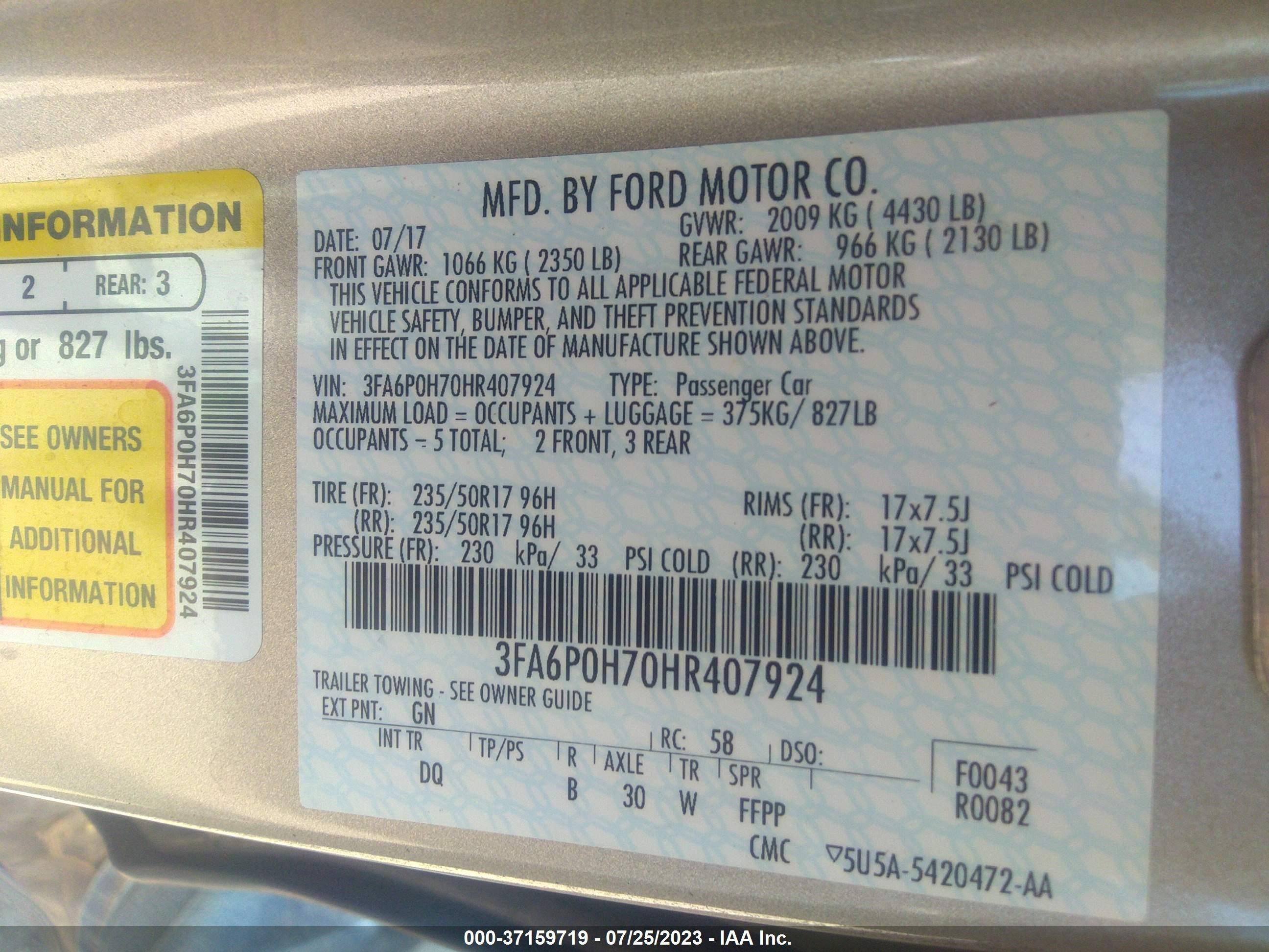 Photo 8 VIN: 3FA6P0H70HR407924 - FORD FUSION 