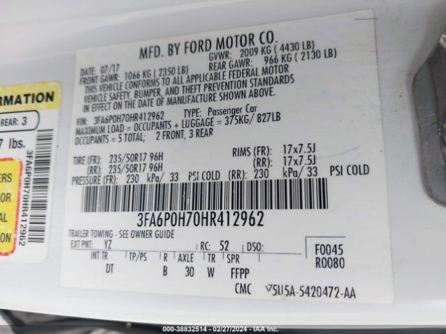 Photo 8 VIN: 3FA6P0H70HR412962 - FORD FUSION 