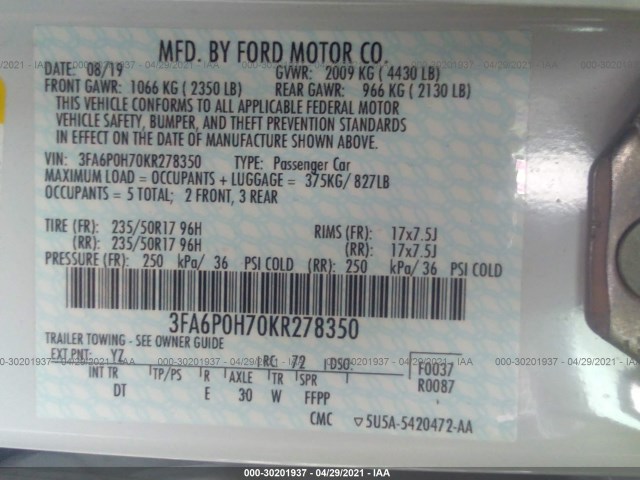 Photo 8 VIN: 3FA6P0H70KR278350 - FORD FUSION 